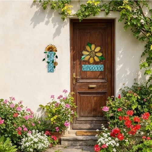Metal Welcome Sign Rustic Wall Hanging Plaque - Decorative Welcome Flower Signs for Porch Front Door Farmhouse Home Decoration Garden Themed Wreath Ornament (Set of 3) - Image 7