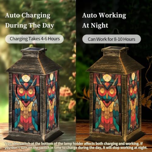 Solar Lantern Mid Century Stained Glass Owl Outdoor Waterproof Garden Hanging Lantern Solar Powered Lighting Outside Solar Light for Patio Yard Camping, Gifts for Women Mom - Image 4