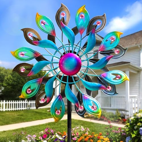 360°Peacock Solar Wind Spinner with Lights Blue Metal Garden Outdoor Decor Yard Lawn Art Decor for Patio Kinetic Windmills Unique Gifts for Friends and Family 51.9' H x 12.2'' Dia - Image 3