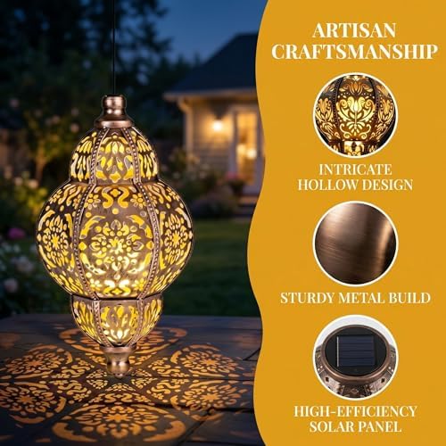 Moroccan Style Artisan Solar Lights Outdoor, Waterproof Hanging Solar Lanterns for Garden Decor, Decorative Metal Chandelier for Patio, Porch, Yard, Unique Gifts for Women & Mom (1Pc) - Image 5
