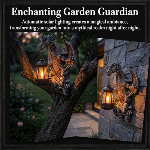 10" Dragon Solar Lantern Outdoor Garden Statue - Resin Tree Hugger Decor Figurine, Fantasy Yard Art with Solar Light for Patio Lawn Porch, Unique Medieval Whimsical Gift for Dragon Lovers - Image 2