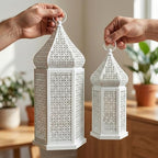 VELA LANTERNS Large Temple Tower Moroccan Lantern Lamp Decorative Candle Holders for Ramadan Decorations, Hanging, Outdoor Patio or Porch, Indoor Home Decor, Weddings, White, Set of 2 - Image 6
