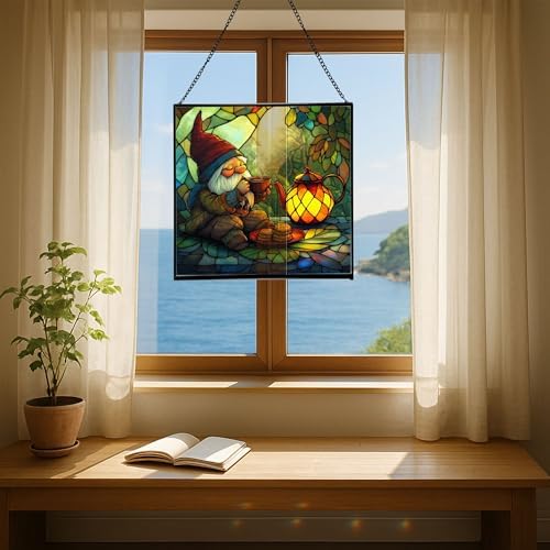 Gnome Tea Time Stained Glass Suncatcher – Square Hanging Window Panel for Home or Greenhouse – Whimsical Glass Art Gift for Garden Lovers, Christmas, Halloween, Father Days F4WpeI - Image 6