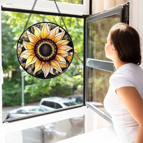 Retro Sunflower Stained Glass Window Hanging Suncatcher Gifts for Mom 9.8" - Image 2