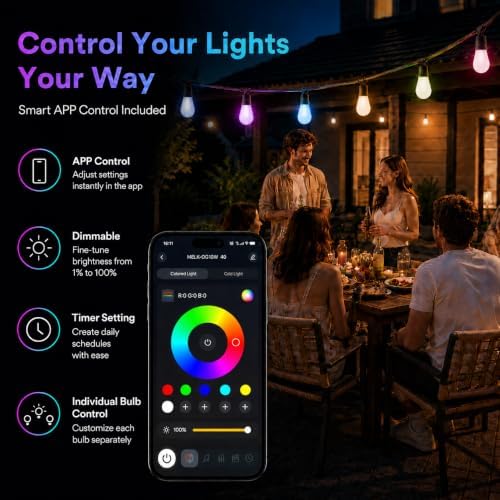 Outdoor String Lights for Patio,50FT RGBW App Remote,20 Bulbs - Image 4