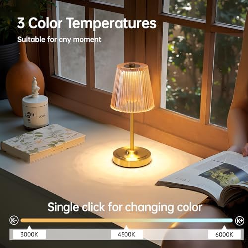 Shenmoyl Cordless Touch Table Lamp with 5200mAh Battery - 3 Adjustable Color Temperatures & Dimmable, Rechargeable Desk Lamp for Bedroom, Living Room, Office, Entryway, Bookshelves (Amber Stripe) - Image 3