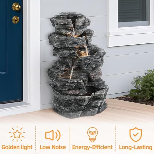 5-Tiered Cascading Rock, 18" High Outdoor Garden Waterfall with LED Lights and Pump, Resin Water Fountain for Garden, Patio, Yard, Deck Decor (18" High 5-Tiers) - Image 6