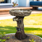 SunJet 23 Inch High Wood-Look Concrete Bird Bath with Decorative Faux Bird – Birdbath Rustic & Long-Lasting Design, Enhances Garden, Patio, Yard, Lawn Decor by SunJet