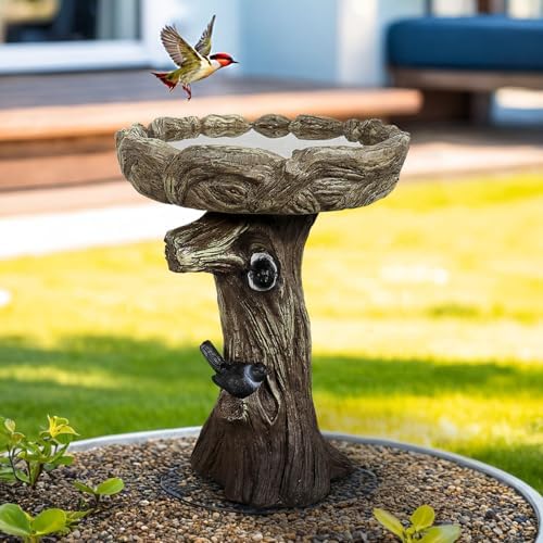 SunJet 23 Inch High Wood-Look Concrete Bird Bath with Decorative Faux Bird – Birdbath Rustic & Long-Lasting Design, Enhances Garden, Patio, Yard, Lawn Decor by SunJet