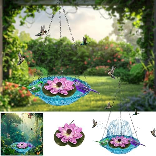 Hanging Bird Bath - Bird Bath Bowl with Solar Fountain Pump - Deck Mount Metal Bird Bath Bowl Powered by Water Fountain Pump for Outdoor Garden - Solar Powered Bird Bath Fountain (Pink) - Image 3