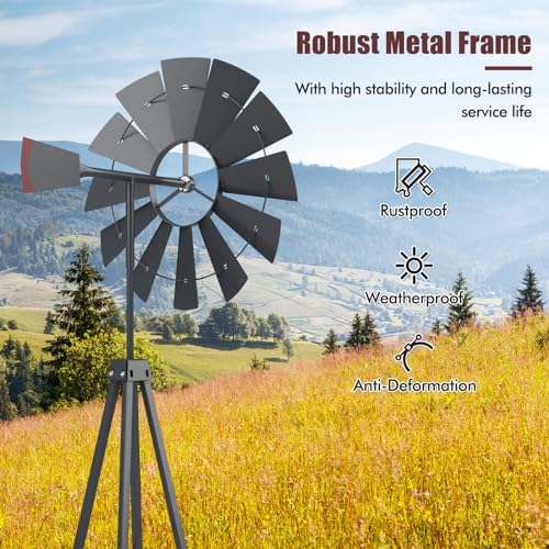 Goplus 8 ft Ornamental Windmill, All-Weather Metal Wind Mill w/ 4 Support Legs, Decorative Weathervane for Backyard, Garden, Farm, 4 Ground Stakes Included (Gray) - Image 4