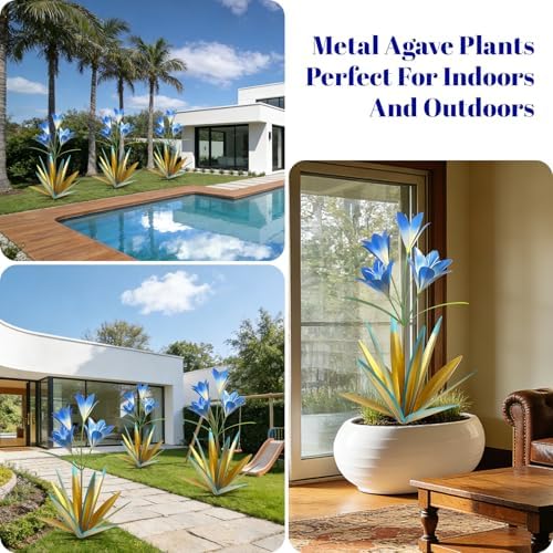TOMBABY 32.28 Inch Metal Agave Plant Outdoor Decoration Lily Mexican Yard Art Garden Gift Home Decor Hand Painted Metal Agave Garden Yard Statue (2pc, Blue) - Image 5