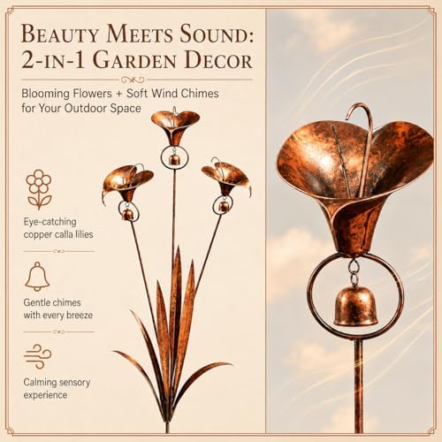 2026 Flamed Copper Three Calla Lilies Garden Stake with Bells, Handmade Metal Flower Rain Catcher Yard Art Decor, Weatherproof Rustic Wind Chime Outdoor Sculpture for Patio Lawn and Pathway Gift - Image 3