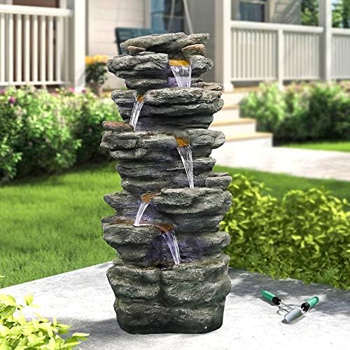 PeterIvan 6-Tier Rockery Outdoor Relaxing Water Fountain - 40” H Outdoor Waterfall Fountain with LED Light for Home&Office Decor, Stone-Liking Cascading Relaxation Garden Fountains for Patio, Garden - Image 3
