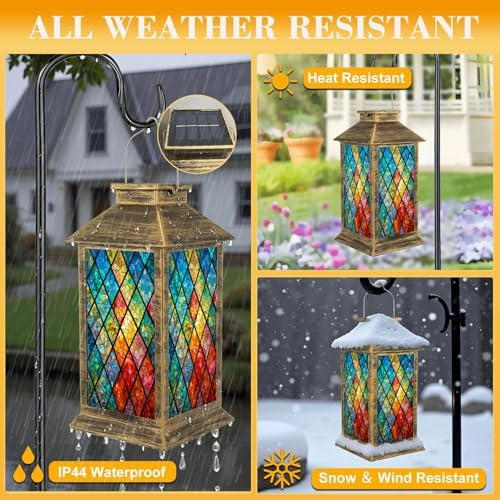 Solar Lantern Outdoor Waterproof Vibrant Stained Glass Window Abstract Geometric Patterns Bold Colors Garden Decor LED Hanging Solar Lights Tabletop Lamp Gifts for Women Mom Outside Yard Patio Porch - Image 3