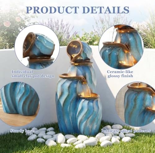 Grepatio Outdoor 4-Tiers Water Fountain, 30" H Cascading Fountain with 3 LED Lights, Outdoor Resin Fountains Waterfalls for Garden, Patio, Yard, and Deck Decor with Blue Imitation Ceramics Look - Image 4