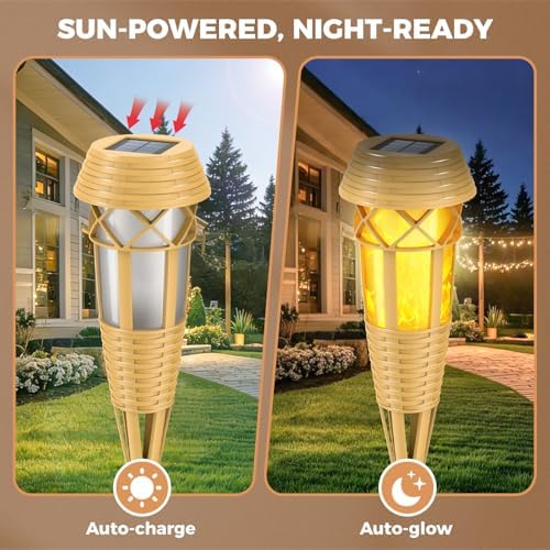 Solar Torch Lights, Flickering Flame Bamboo Outdoor Lights, 2‑Pack - Image 2