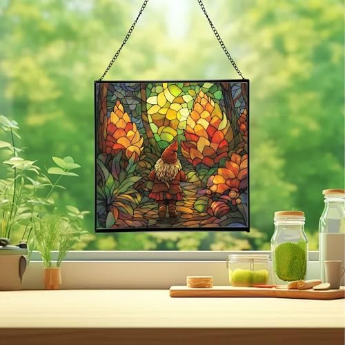 Gnome in Pinecone Forest Stained Glass Suncatcher – Square Hanging Window Panel for Home or Greenhouse – Whimsical Glass Art Gift for Garden Lovers, Christmas, Halloween, Father Days 0j5Gb5 - Image 2