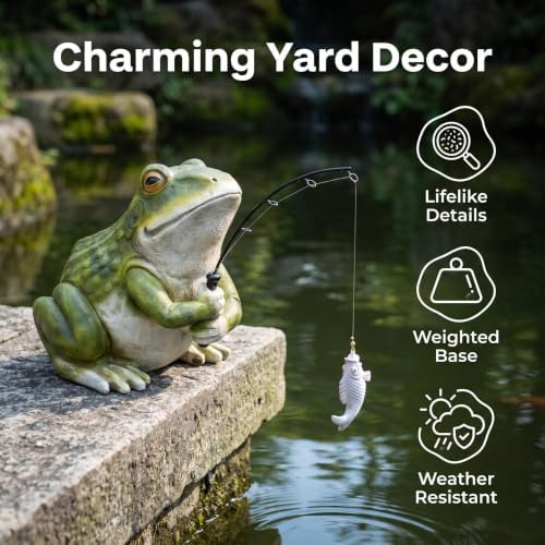 Outdoor Pond Frog Statues Garden Decor - 8.3" Larger Fishing Frog Statue Outdoor Garden Statue & Koi Pond Decor, Frogs Sculpture & Figurine Accessory for Patio, Lawn, Yard Decoration, Gift for Mom - Image 2