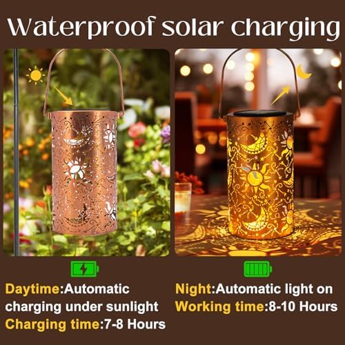 DIBIEECN Birthday Gifts for Women Mom Grandma Wife, Solar Lanterns Outdoor Waterproof, Metal Hanging Lights Garden Decor, LED Decorative Lantern for Patio Porch Backyard, Sun and Moon, 1 Pack - Image 3