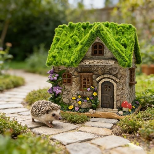 Solar-Powered LED Fairy Garden Cottage, Resin Miniature Stone House with Flocked Moss Roof, Outdoor Patio Yard Decor, Waterproof Garden Ornament with Warm Lights for Lawn, Pathway & Fairy Garden - Image 4