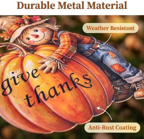 Metal Thanksgiving Garden Stake, Fall Harvest Scarecrow with Pumpkin Yard Sign, Give Thanks Outdoor Lawn Patio Decor, (21.4 * 13 * 0.6in) - Image 4