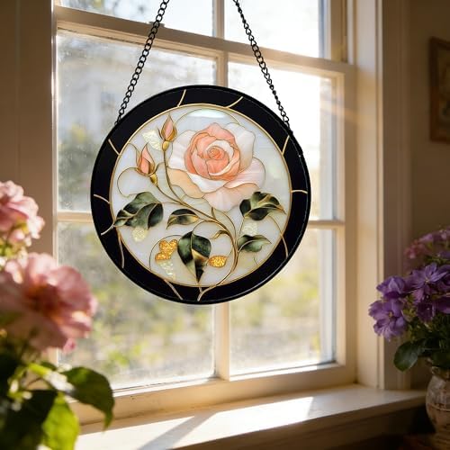 Pink Rose Stained Glass Window Hanging Suncatcher Gifts for Women 9.8" - Image 6