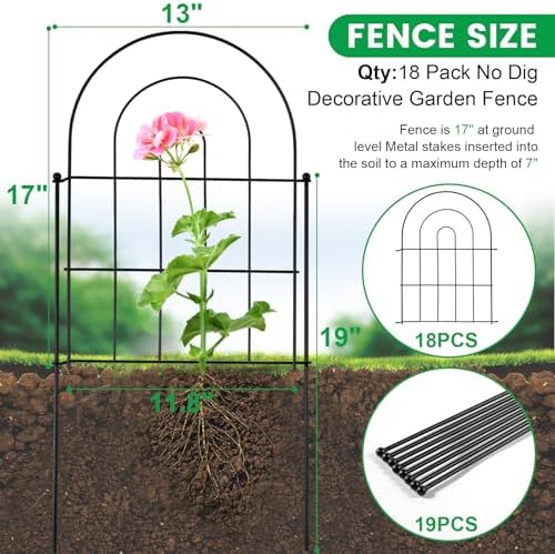 18 Pack Decorative Garden Fence Animal Barrier: 17 in(H) x 18 ft(L) Border Flower Garden Fencing Small Arched Rustproof Metal No Dig Fence Landscape Decor for Yard - Image 2