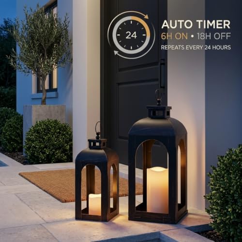 LED Lantern Decorative Outdoor&Indoor, Set of 2 (17’’&13’’) Black Metal Lanterns Decor, Vintage Hanging Candle Holder for Home Porch Wedding Halloween Christmas Decorations Battery Powered - Image 5