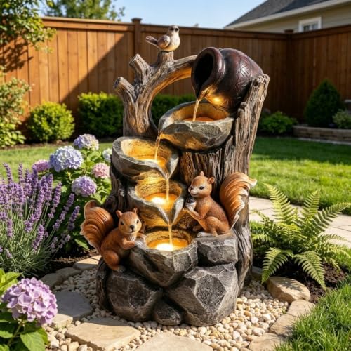 3-Tier Outdoor Water Fountain, Resin Squirrel Bird Decor with LED - Image 3