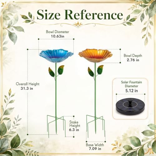 SiliFine 2 Pack Solar Bird Bath Fountain for Outdoors, Flower Metal Hummingbird Bath with Solar Fountain, Garden Bird Baths with 5 Stake Stand for Yard Lawn Patio Decor, 31.3" H x 10.63" Dia - Image 2