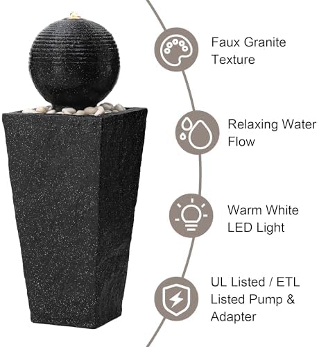 Glitzhome Outdoor Water Fountain with LED Light & Pump, Black Pedestal Sphere Fountain Decorative Water Fountains, Modern Waterfall Floor Fountain with Pebbles for Garden Patio Decor Porch, 31.75”H - Image 4