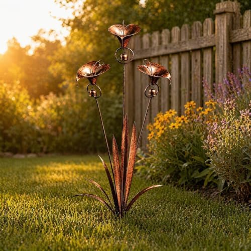 Flamed Copper Three Calla Lilies Garden Stake with Bells，Triple bluebells Garden Stake，Weatherproof Outdoor Yard Sculpture for Lawn, Patio and Pathway Decoration (3) - Image 6