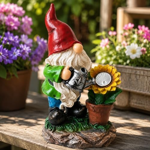 Solar Garden Gnome Statue with Sunflower Light, Resin Outdoor Yard Figurine Holding Watering Can for Lawn, Patio, Porch and Flower Bed Decor, 1-Piece - Image 2