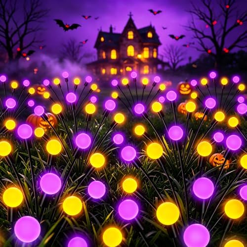 Kohlrabi Halloween Decorations Outdoor, 4 Pack 32 LED Purple and Orange Solar Firefly Lights Waterproof, Sway by Wind, Solar Wind Swaying Light for Garden Yard Patio Pathway Decoration by KohlrabiDecor