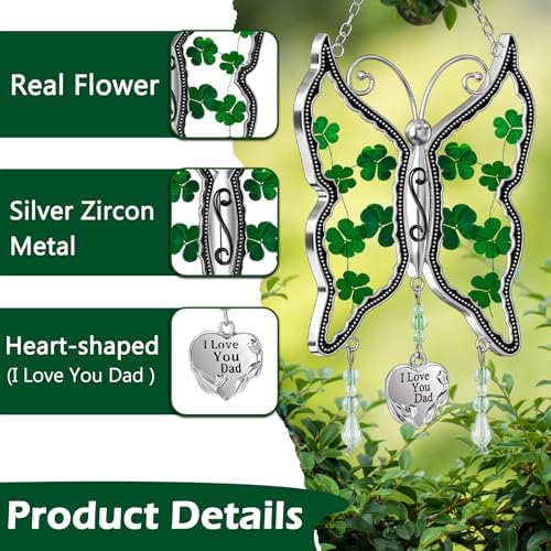 KY&BOSAM St Patrick's Day Shamrock Butterfly Suncatchers I Love You Dad Gifts Ornament Glass Irish for Windows Hanging Wind Chiem with Real Flower Wings Brithday Gifts for Dad Father`s Day Christmas - Image 4