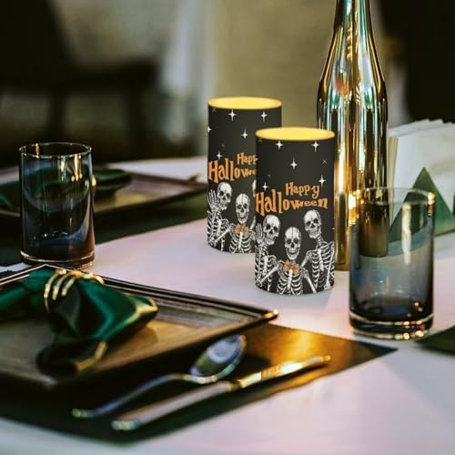 Flameless Candles with Remote Battery Operated Candles with Timer Outdoor Lanterns Happy Halloween Skeleton Flameless Pillar Lights for Trick or Treat Party Decoration - Image 4