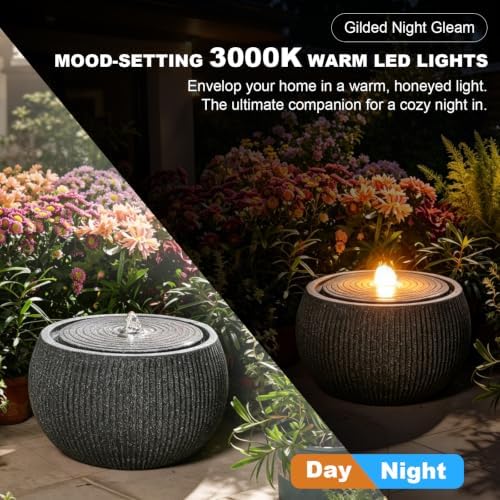 11" H Outdoor Water Fountain with Warm LED Light, Small Bubbler Garden Fountain for Patio, Porch, Yard & Deck, Modern Round Water Feature - Image 4
