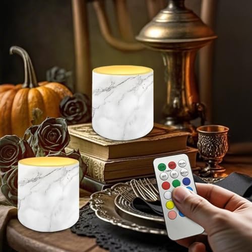 4Pcs Flameless Candles with Remote Battery Operated Candles with Timer Pillar Tea Lights Bulk for Indoor Outdoor Porch Banquet Gathering Home Decorations, White Marble - Image 3