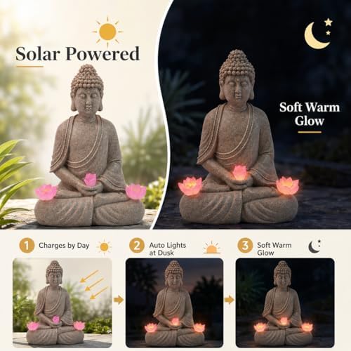 Solar Buddha Statue Outdoor Garden Decor, Zen Quaint Meditating Buddha Figurine with Lighted Pagoda, Weather-Resistant Resin Stone Sculpture for Patio Yard Walkway Lawn Ornament (#B) - Image 4