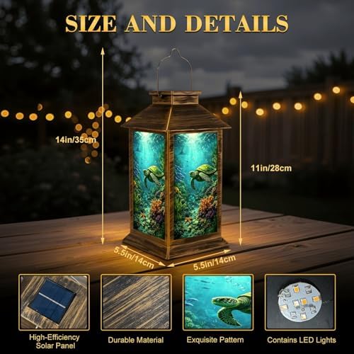 Solar Lantern Outdoor Waterproof Sea Turtle Teal Seagrass Coral Reefs Aquatic Plants Bubbles Sunlight Garden Decor LED Solar Lights Hanging/Tabletop Lamp Gifts for Women Mom for Outside Yard Patio - Image 2