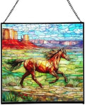 Brown Mustangs Horse cantering Through Open Canyon Floor Square Suncatcher – Stained Glass Style Window Panel with Pastoral Scene, Custom Decorative Hanging Art for Equestrian Home, Christmas WdEB2V by Custom