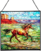 Brown Mustangs Horse cantering Through Open Canyon Floor Square Suncatcher – Stained Glass Style Window Panel with Pastoral Scene, Custom Decorative Hanging Art for Equestrian Home, Christmas WdEB2V by Custom