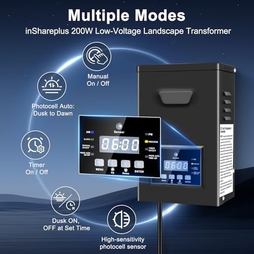 200W Low Voltage Landscape Transformer, Landscape Lighting Transformer with Photocell Sensor & Timer, 120V to 12V/15V AC Outdoor Weatherproof Transformers for Spotlights, Garden Path Light - Image 2