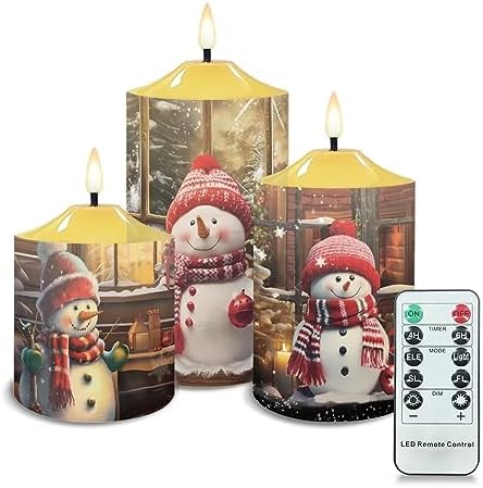 Cozeyat LED Candles Pack of 3 Flameless Electric Tealights with Remote Timer, Cute Christmas Snowman Print Christmas Decor Candles Battery Operated Warm Yellow Tea Lights by Cozeyat