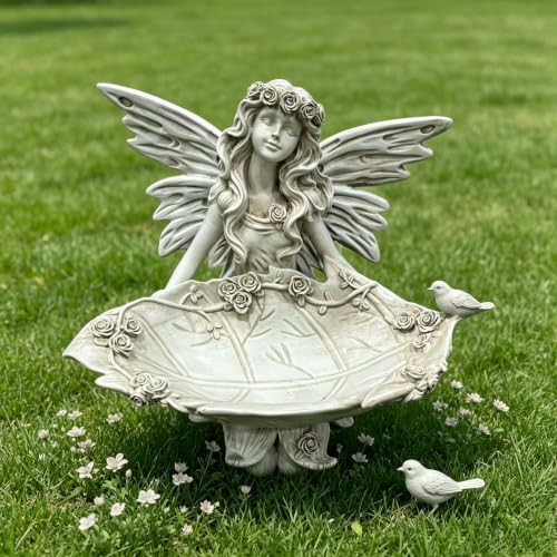 12.8" Fairy Garden Statue, Resin Angel Figurine with Leaf Tray, Bird Feeder & Decorative Dish for Patio, Yard, Garden & Home Decor - Image 6