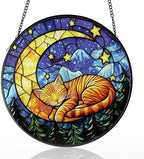 Cat Stained Glass Suncatcher Window, Cat Sun Catchers Indoor Window, Suncatcher for Mom/Women (Moon Sleeping) by StainedGlassArtware