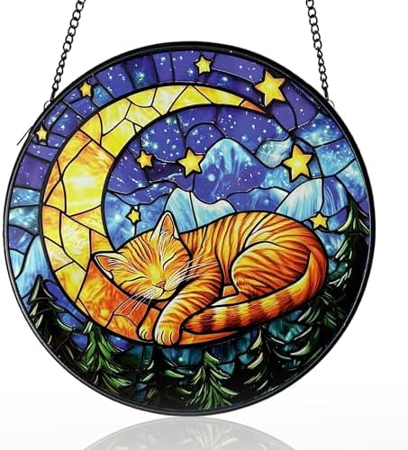 Cat Stained Glass Suncatcher Window, Cat Sun Catchers Indoor Window, Suncatcher for Mom/Women (Moon Sleeping) by StainedGlassArtware