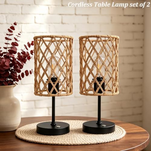 Rechargeable Outdoor Patio Table Lamps, Set of 2 Cordless Battery Operated Portable Boho Rattan Table Lights, for Covered Porch Balcony Garden Decor (Beige) - Image 2