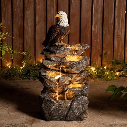 Glitzhome Outdoor Water Fountain with Lights, 4-Tiered Eagel Outdoor Fountain, 25.25" H Polyresin Decorative Waterfall Feature Garden Fountain with Pump for Garden, Patio, Yard, Deck, Porch Decor - Image 4